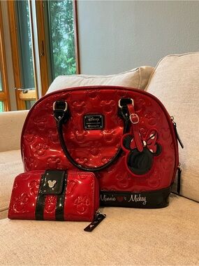 Loungefly Disney Minnie & Mickey Red Patent Embossed Bowler Bag Matching Wallet